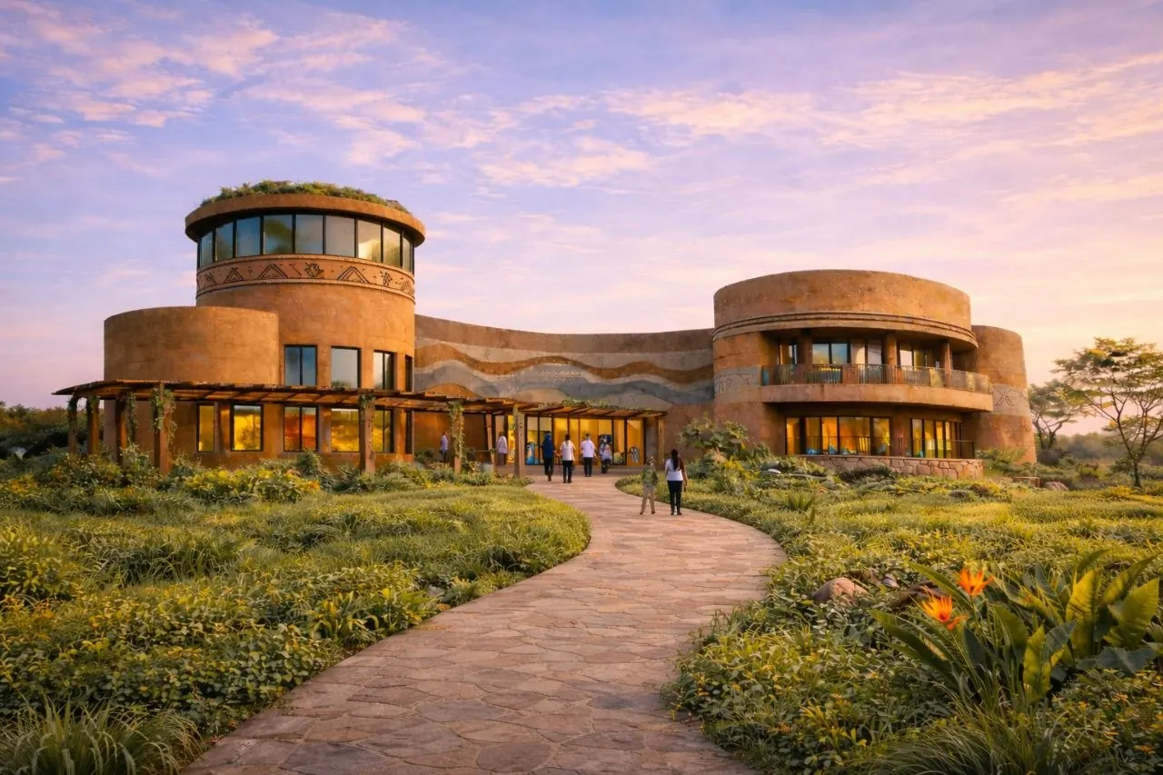 African biophilic architecture: earthen buildings with grass roofs at sunset, set in lush gardens